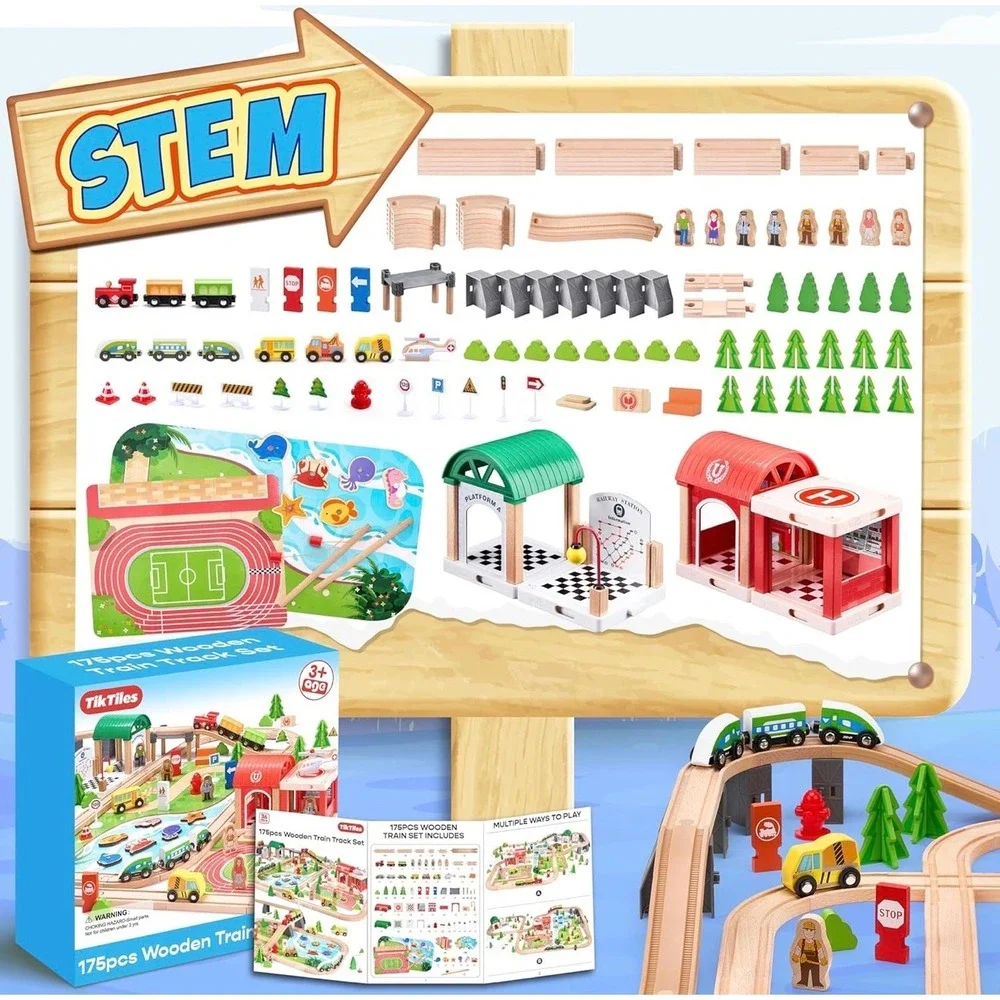 TikTiles 175pcs Wooden Train Track Set STEM Toy Natural Wood Railway Kids